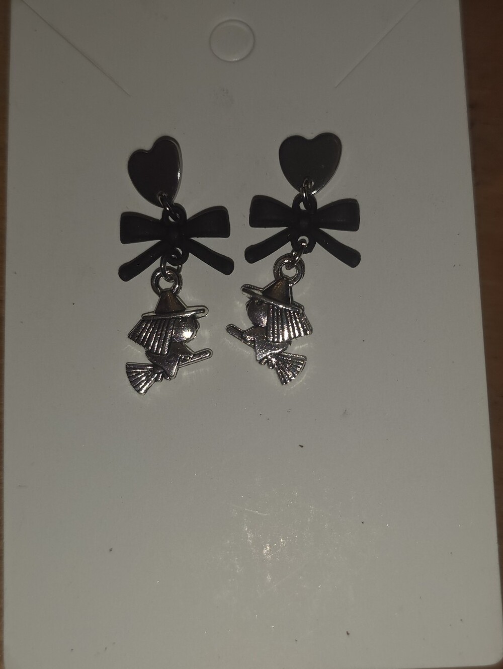 Bow Tie Halloween Witch Riding Brooms On Stainless Steel Heart Studs